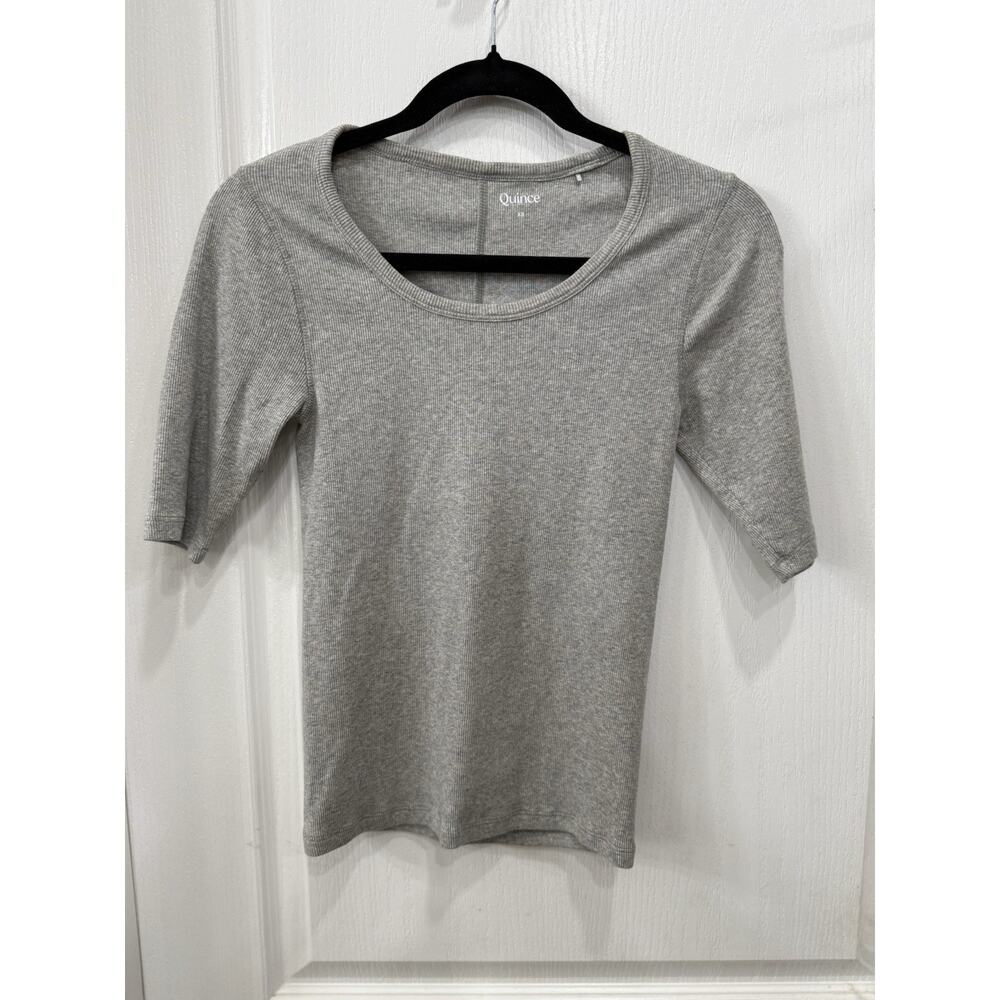 NWOT Quince Organic Cotton Micro-Rib Elbow Sleeve Tee XS Heather Grey Minimalist - Picture 4 of 8